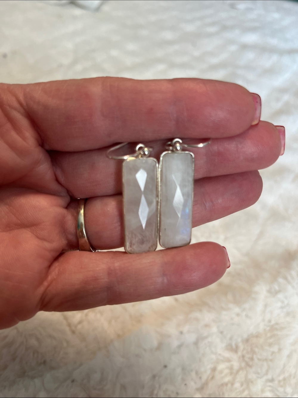 Sterling Silver Moonstone faceted Rectangle Drop Earrings - White